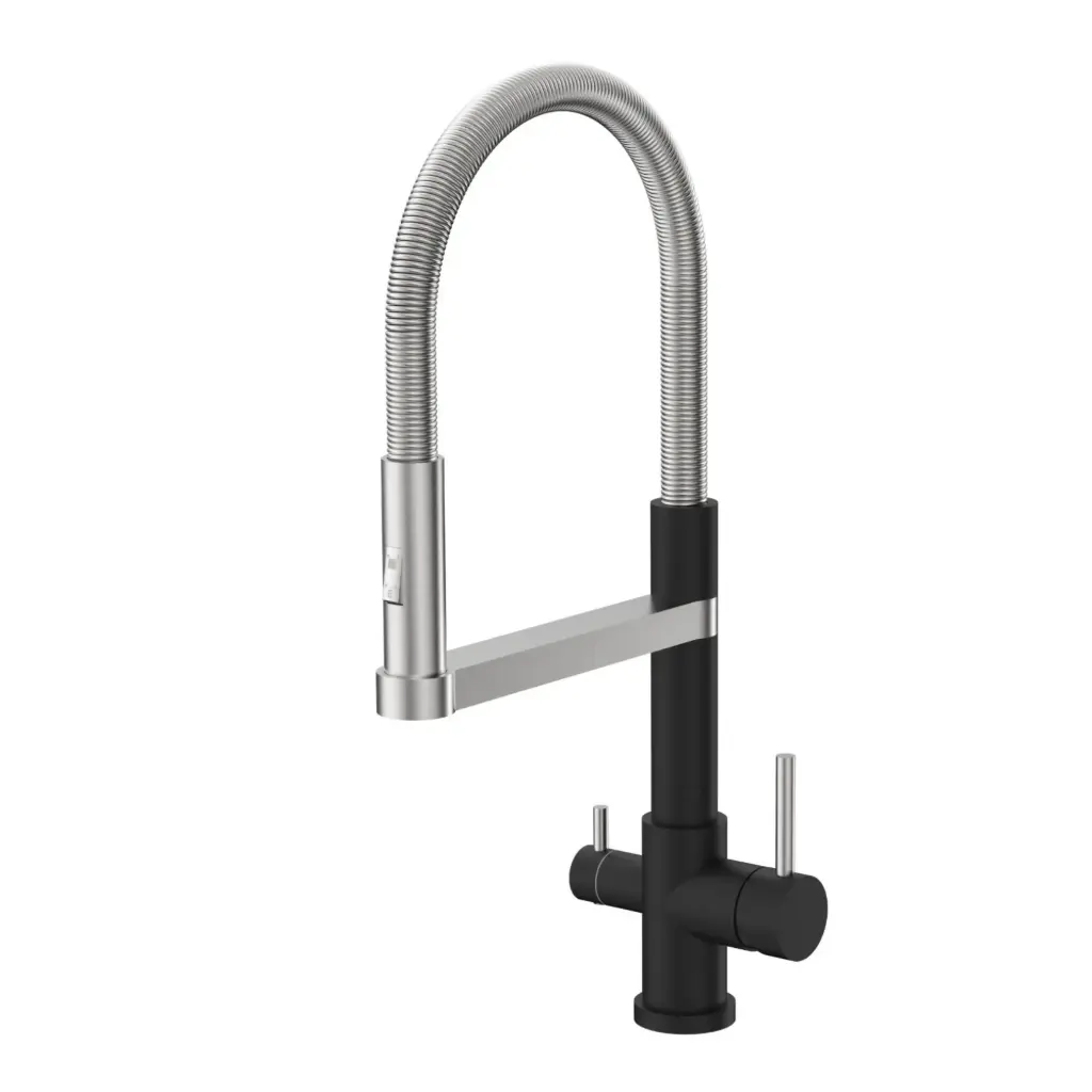 3-Wege-Armatur ALBA Spiralfeder - 360° drehbarer Wasserhahn aus massivem 304 Edelstahl | Farbe: Edelstahl gebürstet, Schwarz