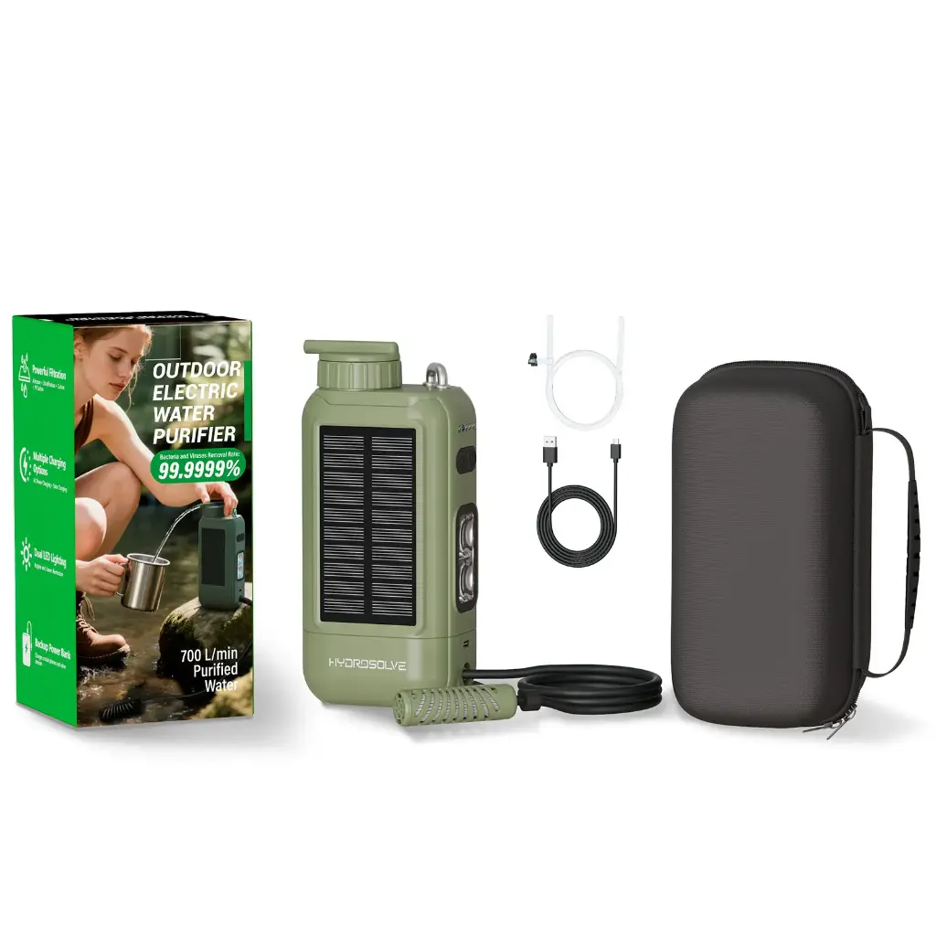 HYDROSOLVE SolarPro Outdoor Wasserfilter – Elektrisch, Tragbar & Wiederaufladbar – 0,01 Mikron – Solar/USB/Kurbel – Powerbank – für Camping, Wandern, Notfall & Survival